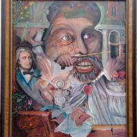 Quadro acrilico surrealista firmato, con cornice