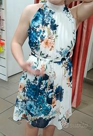 Vestito midi bianco fiori blu scollo halter nuovo