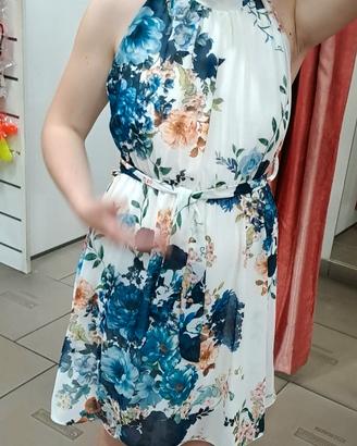 Vestito midi bianco fiori blu scollo halter nuovo