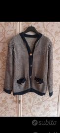 Cardigan lana blu e bianco con bottoni dorati