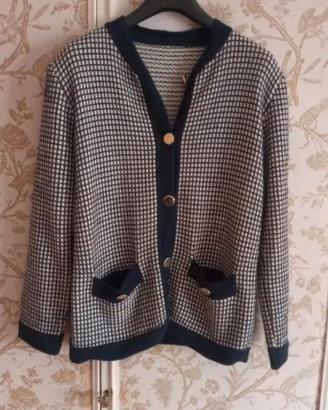 Cardigan lana blu e bianco con bottoni dorati