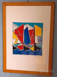 QUADRO COLORATO raffigurante BARCHE A VELA e MARE