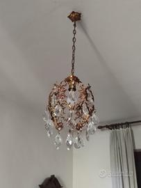 Lampadario Vintage in Bronzo/Ottone Dorato e Crist