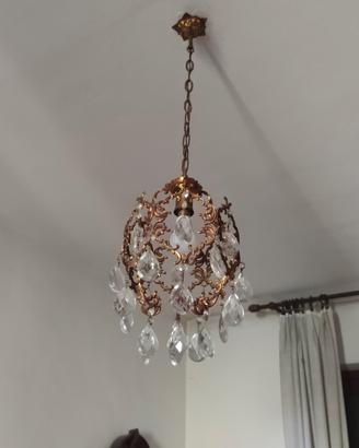 Lampadario Vintage in Bronzo/Ottone Dorato e Crist