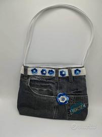 BORSA JEANS FATTA A MANO DECORI UNCINETTO 