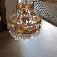 Lampadario in acciaio lavorato e gocce di cristall