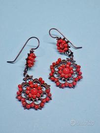 ARGENTO 925 orecchini antichi filigrana corallo