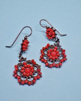 ARGENTO 925 orecchini antichi filigrana corallo