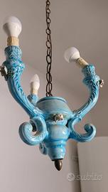 Lampadario Vintage Anni 60 Ceramica Celeste Shabby