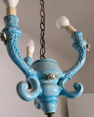 Lampadario Vintage Anni 60 Ceramica Celeste Shabby