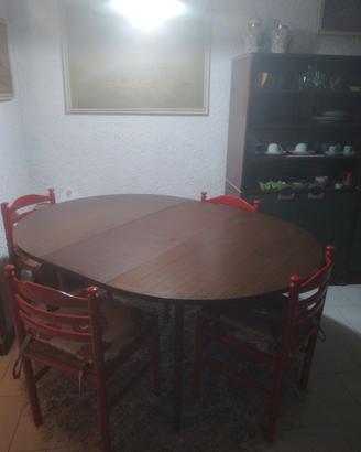 Tavolo rotondo allungabile + 4 sedie legno-paglia 