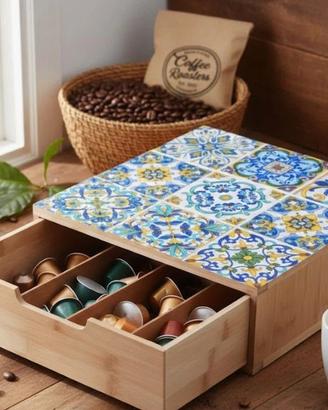 CASSETTO PORTA CIALDE E CAPSULE IN BAMBÙ E VETRO