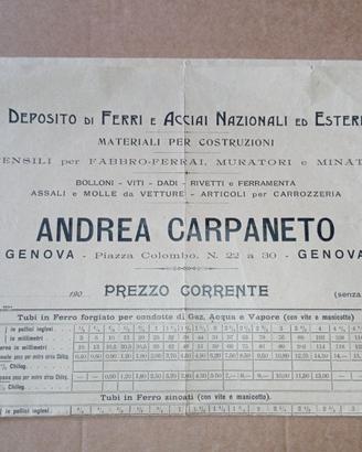 Ferramenta, listino prezzi prima decade del 900
