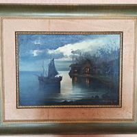 Paesaggio con barca e casa sul lago, olio,firmato
