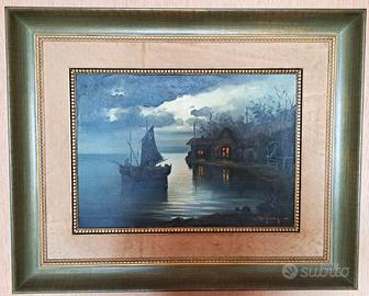 Paesaggio con barca e casa sul lago, olio,firmato