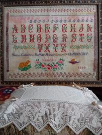 SAMPLER FRANCESE DEL 1895 CON CORNICE E VETRO