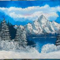 Dipinto ad olio paesaggio invernale neve montagne