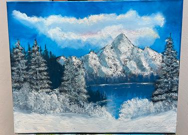 Dipinto ad olio paesaggio invernale neve montagne