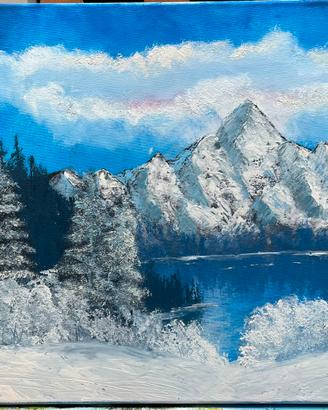 Dipinto ad olio paesaggio invernale neve montagne
