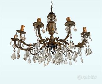 Lampadario vintage 8 luci in bronzo con cristalli