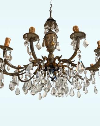 Lampadario vintage 8 luci in bronzo con cristalli