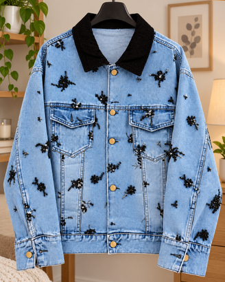 Giacca in denim azzurro con applicazioni gioiello