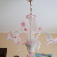 3 luci-Lampadario murano bianco seta e rosa Daisy