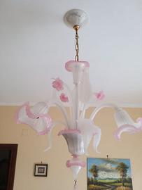 3 luci-Lampadario murano bianco seta e rosa Daisy