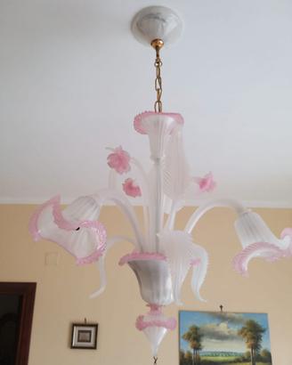 3 luci-Lampadario murano bianco seta e rosa Daisy