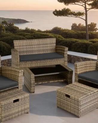 Salottino in rattan 6 pezzi con divano contenitore