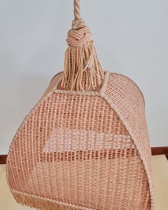 Lampadario a sospensione in vimini rosa anni 80