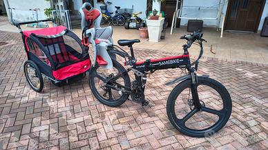 Bicicletta elettrica + carrello porta 2 bambini