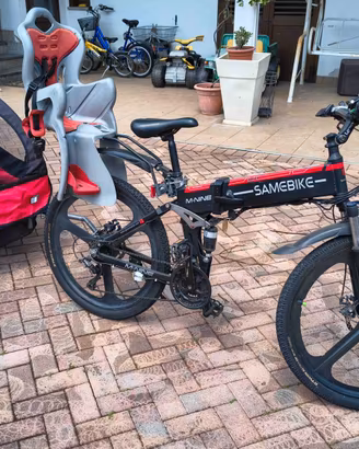 Bicicletta elettrica + carrello porta 2 bambini