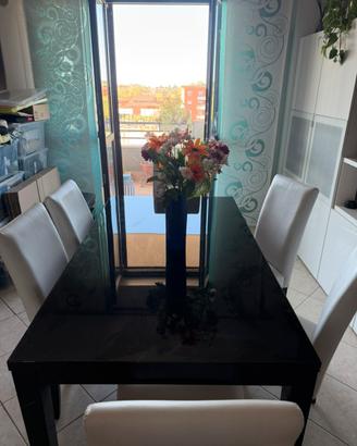 Tavolo design nero lucido + 6 sedie bianche