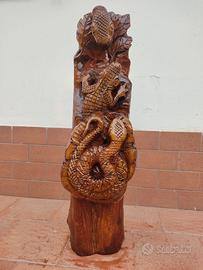 Tronco intarsiato in legno di teak animali esotici