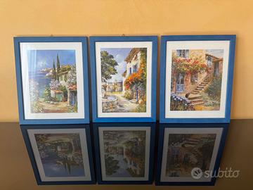 3 quadretti con stampe e cornice azzurra