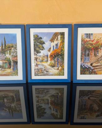 3 quadretti con stampe e cornice azzurra