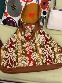 Borsa shopper pelle e tessuto più pochette