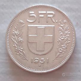 Pezzo Raro: 5 Franchi Svizzeri in ARGENTO 1951 B 