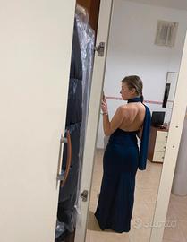 vestito elegante blu notte monospalla con choker