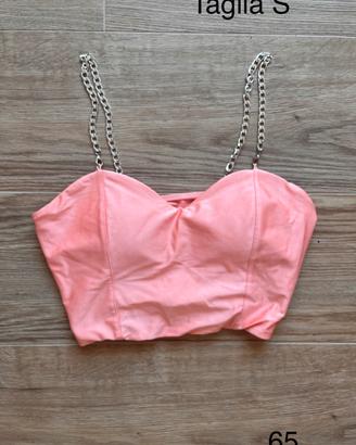 Top crop rosa pesca stile bustier con spalline