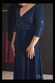 Abito lungo elegante blu scuro corpino scollo a V