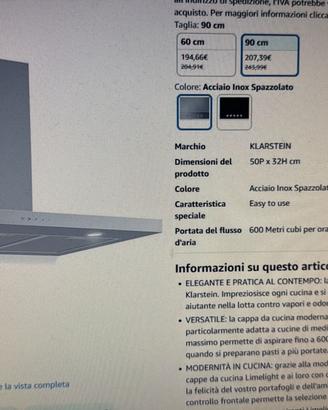 cappa aspirante Klarstein limelight 90 cm inox