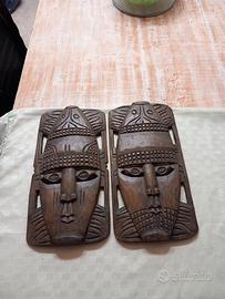 Coppia Grandi Maschere Africane Legno Vintage 48cm