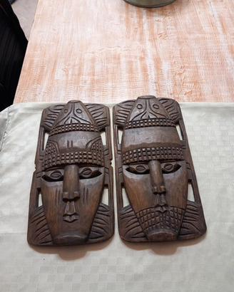 Coppia Grandi Maschere Africane Legno Vintage 48cm