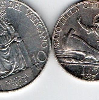 2 monete argento  Vaticano L.10  1934 e L.5 1935