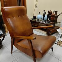 Poltrona pelle e legno massello Vintage Anni 60/70