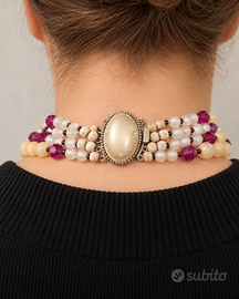 Collana vintage multifilo perle e cristalli fucsia