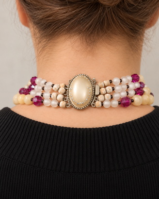 Collana vintage multifilo perle e cristalli fucsia