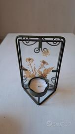 Portacandela vintage ferro vetro con fiori secchi